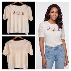Knit Mix Floral Embroidered Sweater Women Medium Cream Cottagecore Pointelle Top